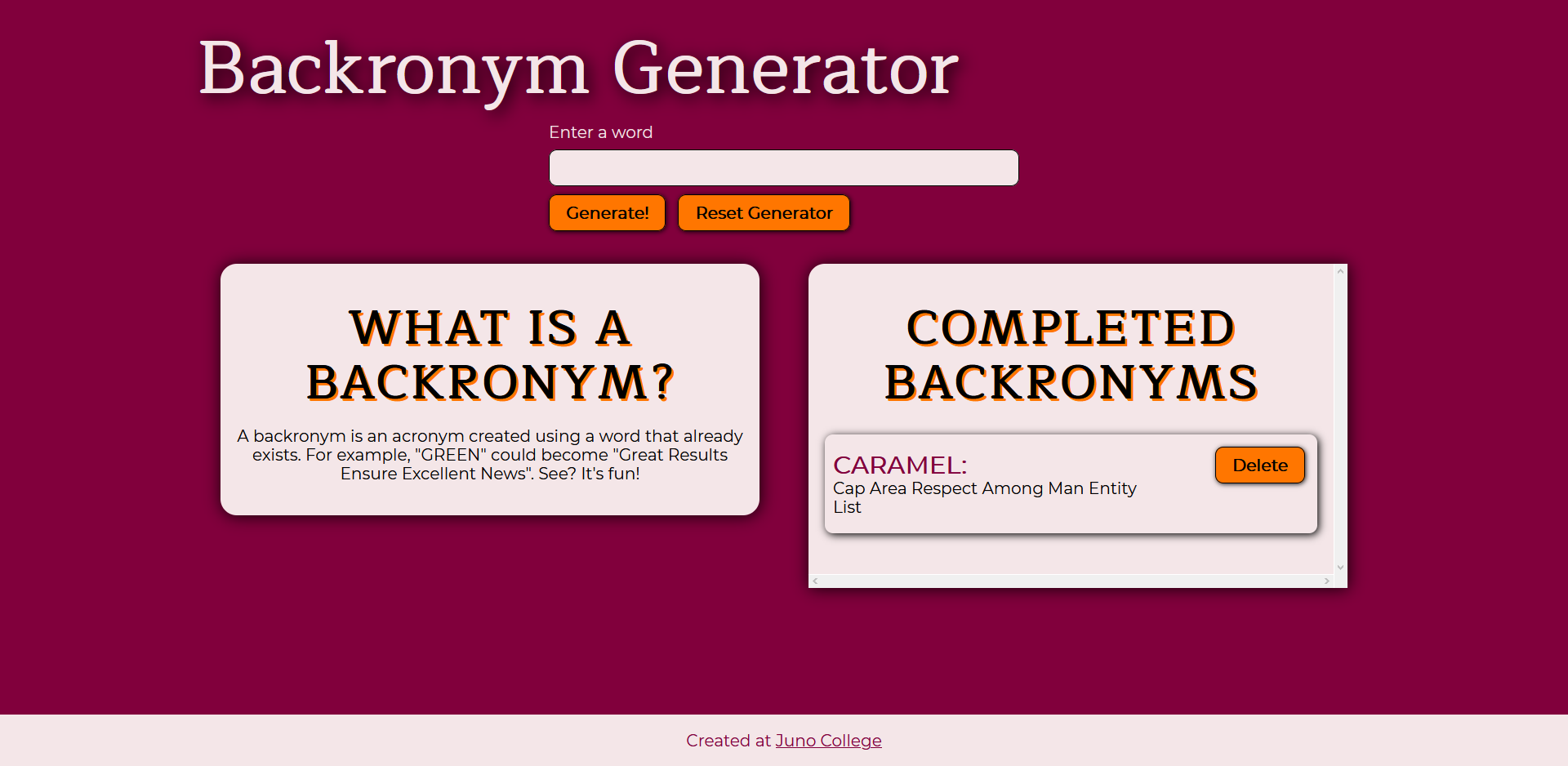 sceenshot of backcronym generator